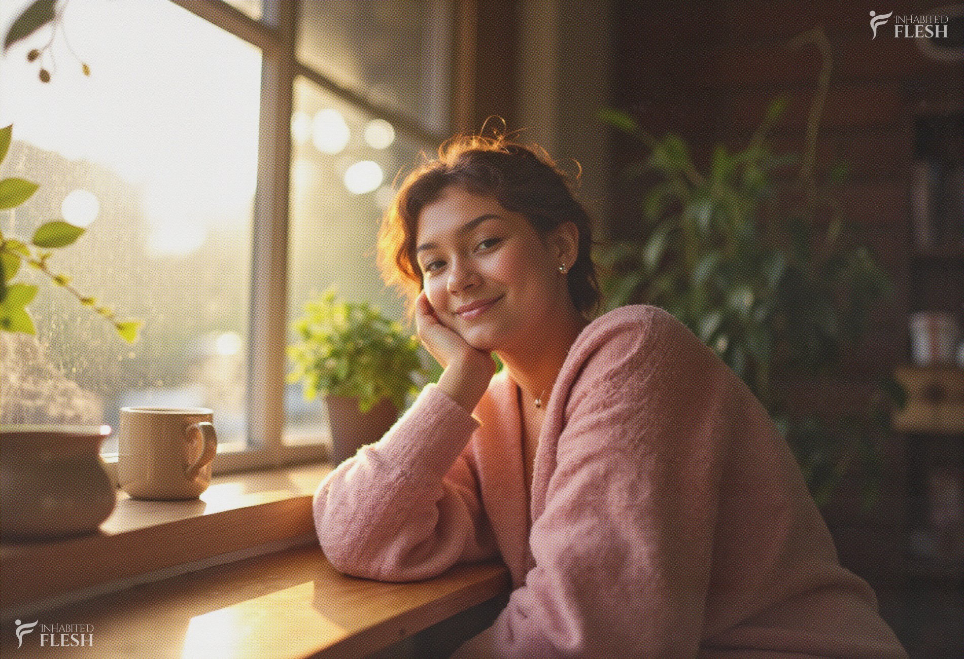 Woman resting her elbow on a shelf table as she smiles at the camera