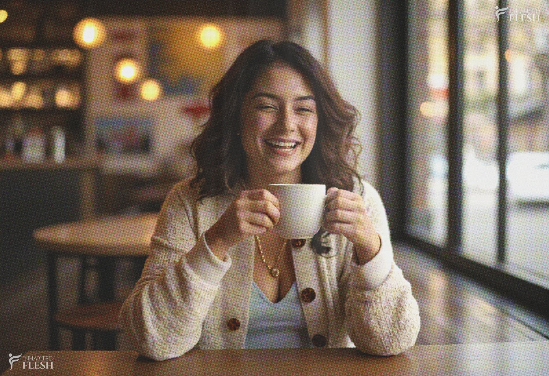 Woman holding a cup of tea inside a cafeteria
