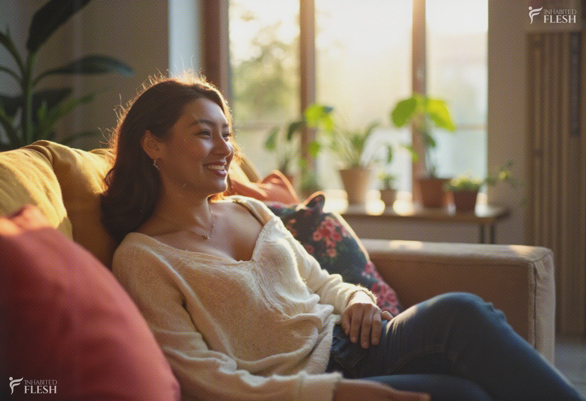 woman launging on a cozy living room