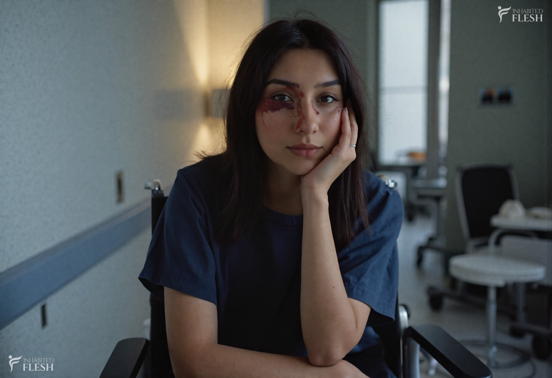 woman with a sad look she is bruised wearing a blue gown sitting on a wheelchair inside a hospital facility