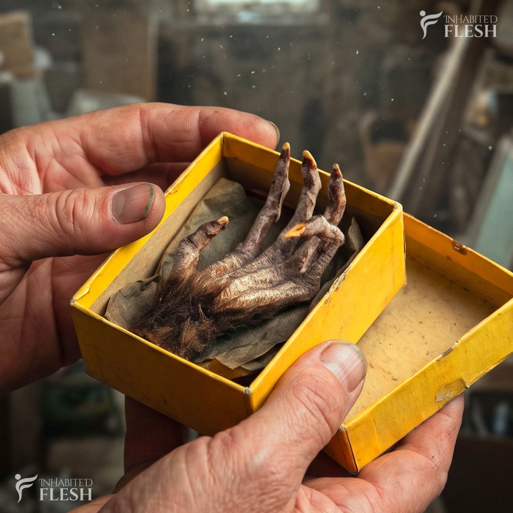 Close-up of a man's hands holding a small box with a strange paw inside