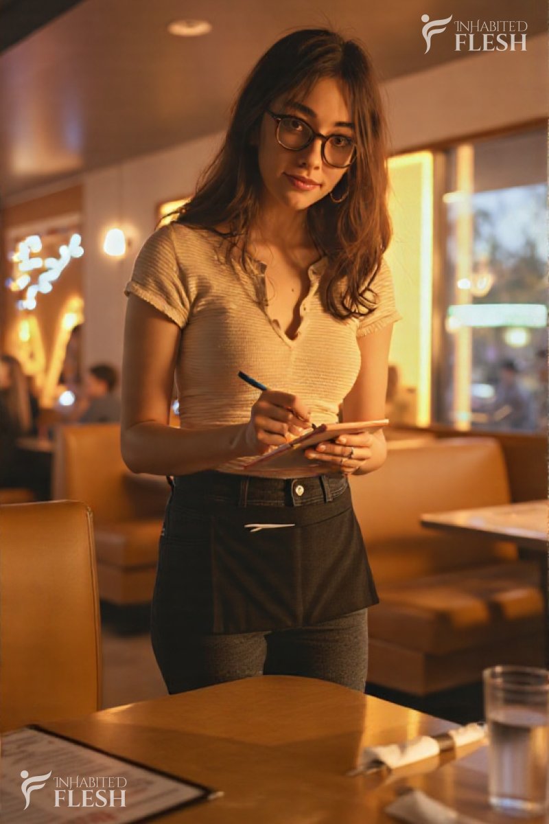 A young female waitress, wearing glasses and a white blouse with dark jeans and a small black apron, takes an order at a restaurant during the evening. She is standing and holding a notepad and pen, with a focused expression, as she interacts with a customer at a table with a menu and a glass of water.