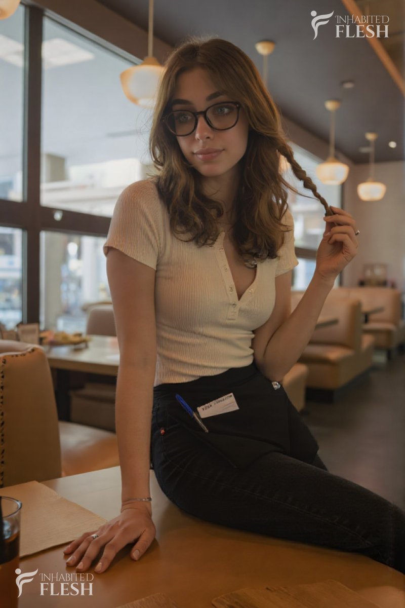 A young female waitress, wearing glasses and a beige top, sits coquettishly at a table, curling her hair with one hand. She appears relaxed and confident, with a slight smile. The setting is a modern café with large windows, wooden tables, and hanging pendant lights, suggesting a casual and inviting atmosphere.