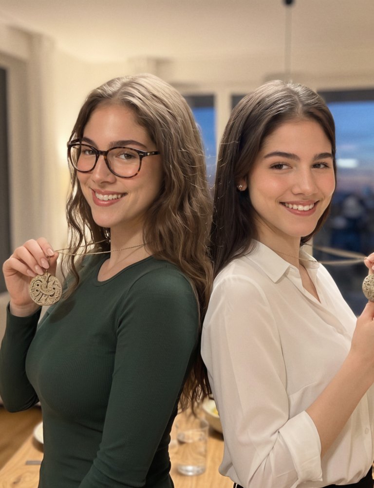 Two young women, likely in their late teens or early twenties, stand back-to-back in a dining room holding necklaces. They appear to be of mixed race and are wearing casual attire. Both are smiling, exuding a sense of excitement and joy. The setting is a cozy dining room with wooden furniture, a bookshelf, and a large window showing a serene evening view.