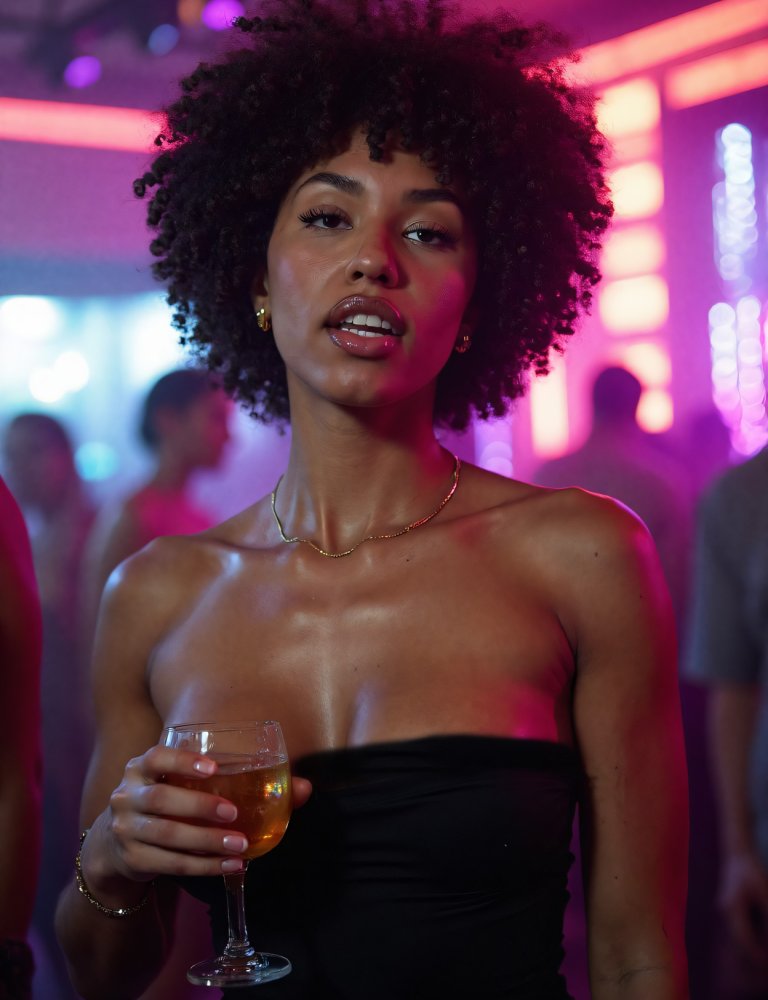 The image depicts a young woman with curly hair, wearing a black strapless dress and a gold necklace. She is holding a glass of what appears to be a beverage. The setting is a vibrant, neon-lit nightclub or party environment, with blurred figures and colorful lights in the background. The woman's expression is neutral, and she is standing. The overall atmosphere suggests a lively and social setting.