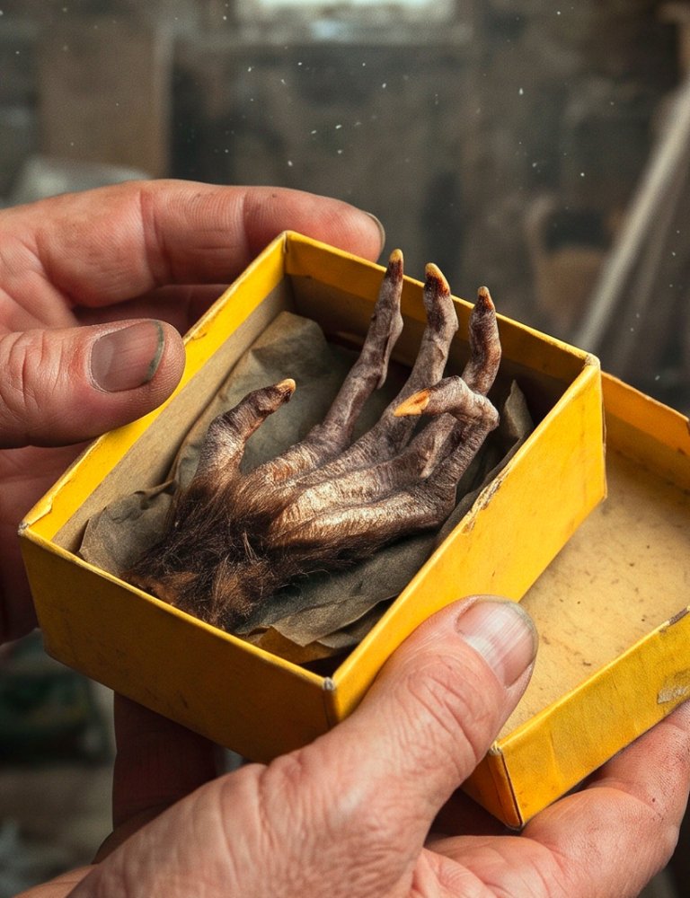 Close-up of a man's hands holding a small box with a strange paw inside